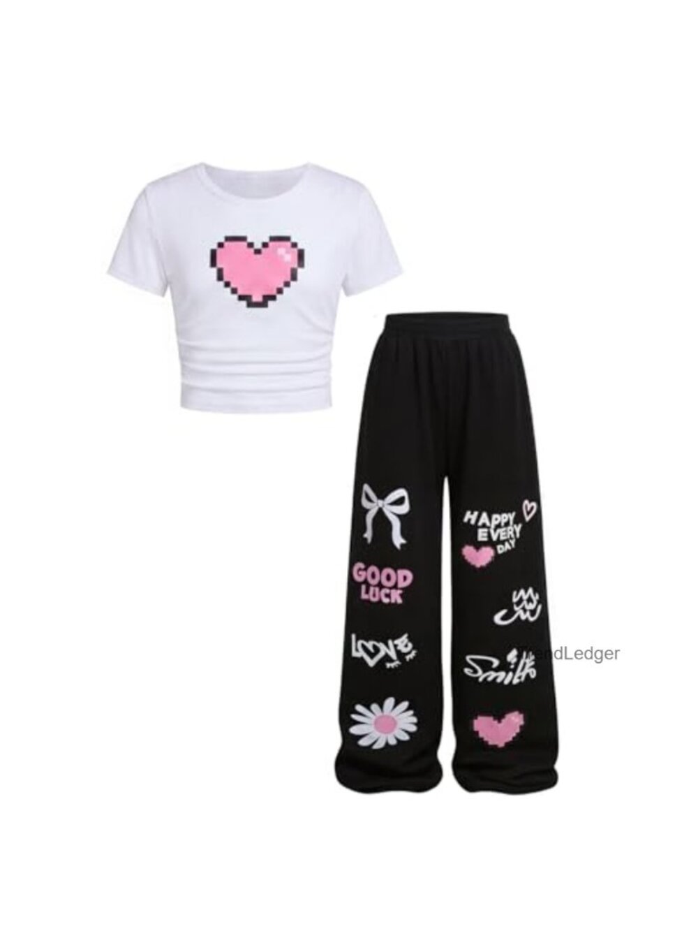Girls 2 Piece Pixel Heart Top & Graffiti Pants Set Cotton Blend Streetwear
